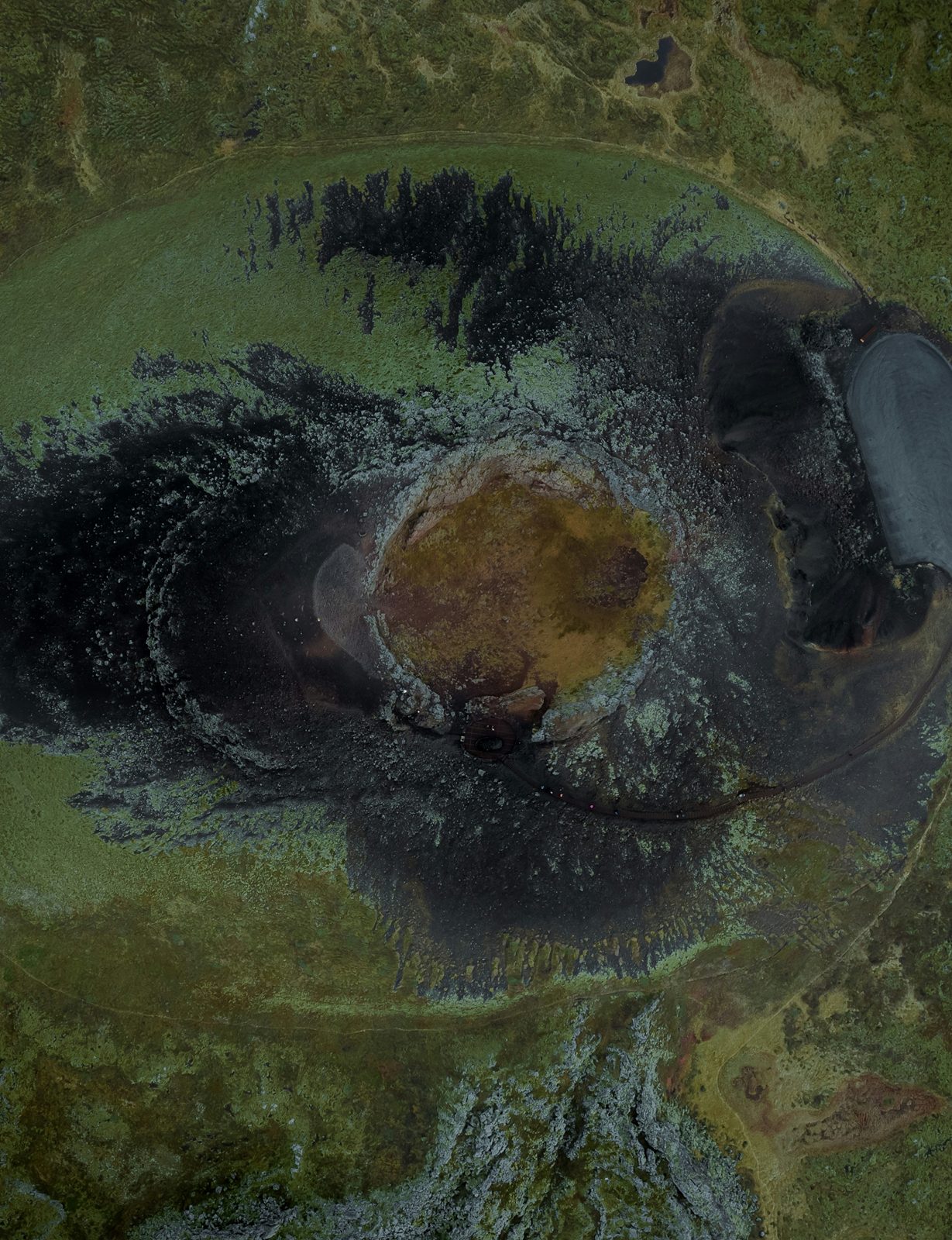 Aerial view of a volcanic crater